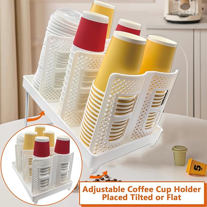 Coffee Cup Organizer Holder, CIT ZCFYU Adjustable Cup and Lid Storage Rack,6 Slots Disposable Paper Cup Dispenser fits 8-22oz,Plastic Cup Stand for Coffee Station Bar Countertop Home Kitchen,White