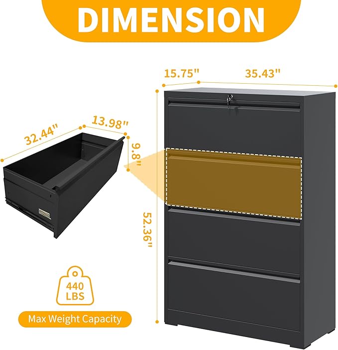 File Cabinet with Lock, 4 Drawer Lateral Filing Cabinet for Home Office, Black Metal Heavy Duty File Cabinets for Hanging Letter/Legal/F4/A4 Size Files, Assembly Required