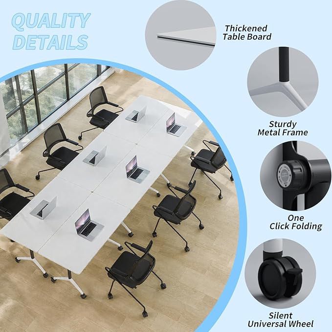 Conference Table, Foldable Conference Room Tables with Silent Wheels, Folding Modular Seminar Meeting Tables, Modern Rectangle Training Table for Office, Boardroom (2, White2, 55.1)