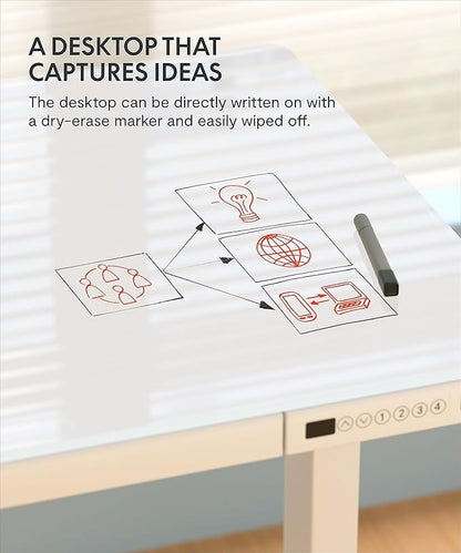 FLEXISPOT Electric Glass Standing Desk with Drawer Desktop & Adjustable Frame Quick Install w/USB Charge Ports, Child Lock (White, Glass)