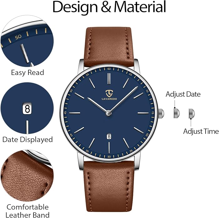 L LAVAREDO Watch for Men, Extremely Thin Mens Watches Minimalist Analog Men's Leather Wrist Watches with Time/Date, Birthday Gift for Men Boyfriend
