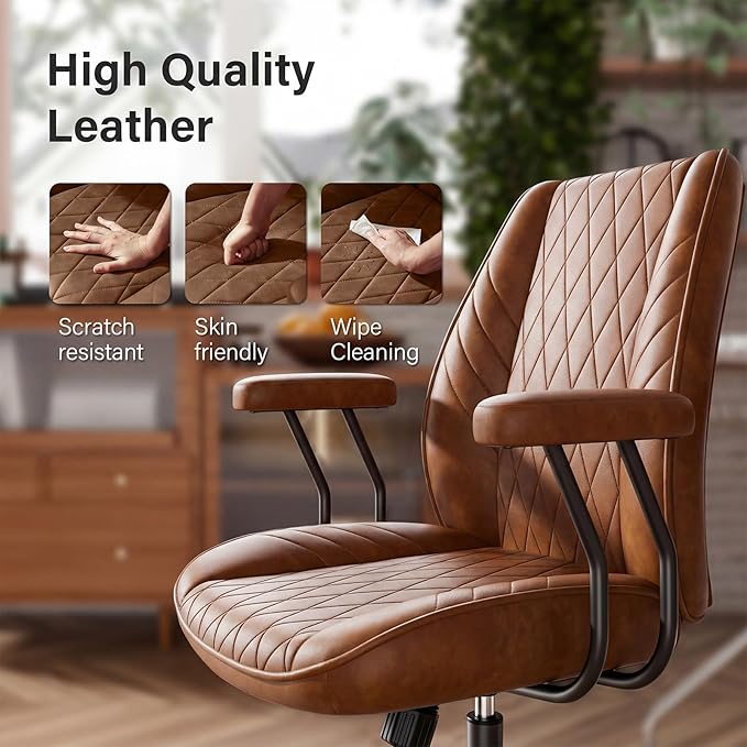 Brown Leather Office Desk Chair with Wheels, Quiet Casters, Height Adjustable, Padded Arms, Vintage Mid Century Office Chair, Retro Style Desk Chair
