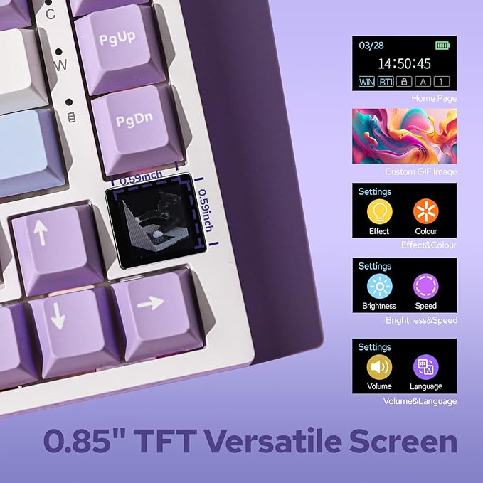 EPOMAKER Ajazz AK820 Pro 75% Wireless Mechanical Keyboard with TFT Smart Display&Knob, Gasket-Mounted Gaming Keyboard, Bluetooth/2.4GHz/USB-C Wired (Purple, Flying Fish Switch)