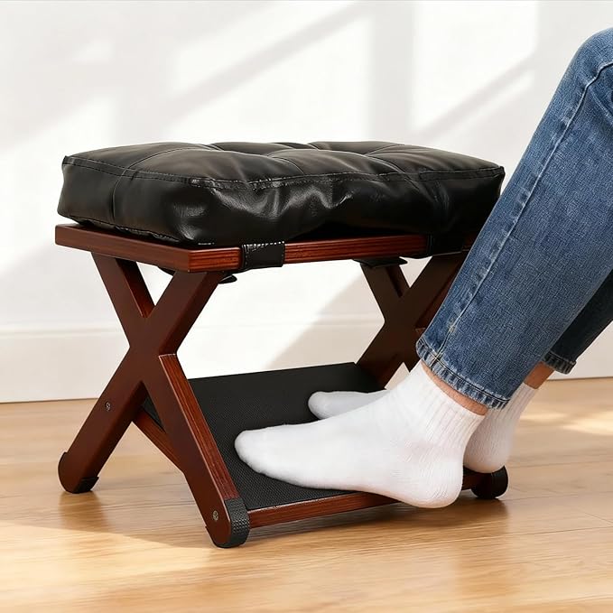 Wooden Under Desk Footrest with Non-Slip Rubber Stepping Surface, Ergonomic Foot Stool for Home Office Gaming Work Posture Support (Walnut Color)