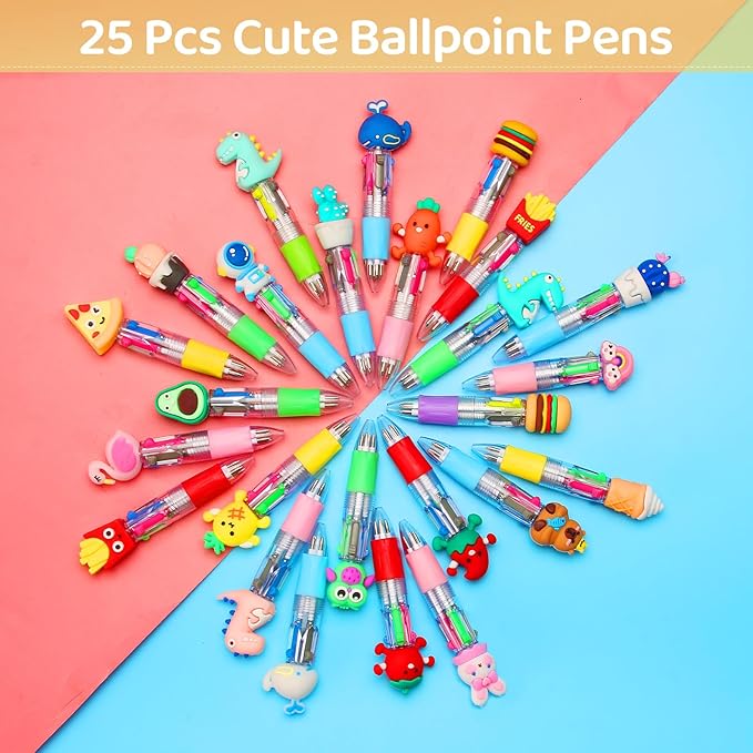 LiYiQ 25 Pcs Multicolor Pen in One Fun 4-in-1 Cute Pens Bulk Kawaii Cool Ballpoint Pens for Kids Fun Gifts (25)
