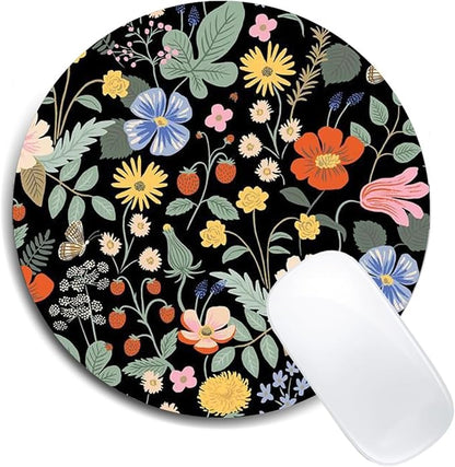 Whimsical Floral Pattern On Black Mouse Pad Round Non-Slip Rubber Mousepad Laptop Office Computer Decor Cute Desk Accessories Customized Design Mouse Pad
