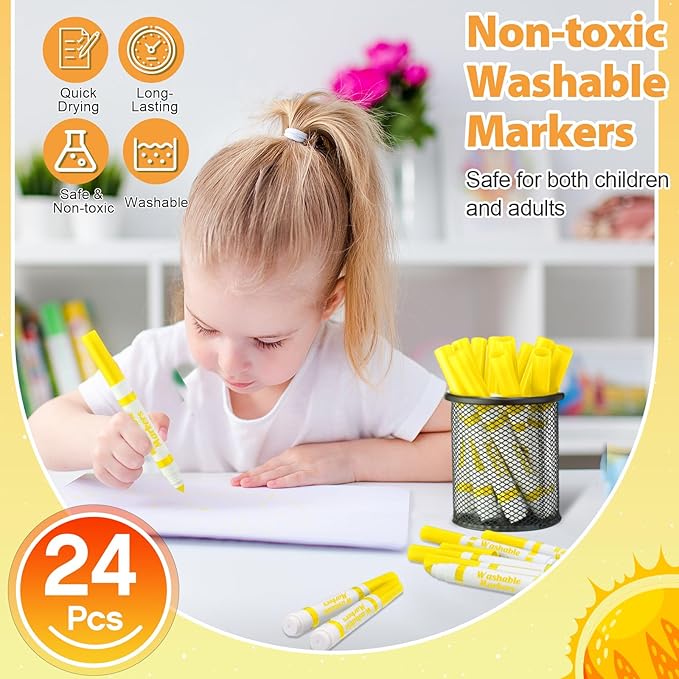 Janlaugh 24 Pcs Washable Markers Bulk Broad Line Markers Coloring Conical Tip Large pens for Kids art projects, Teachers, Students, Toddlers, Party Favors, Classrooms, Donations(Yellow)