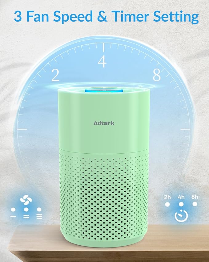 Air Purifiers for Home Bedroom, ADTARK Air Cleaner with H14 True HEPA 3-in-1 Filter, Sleep Mode & Aroma Function, 3 Light Modes, Room Air Purifier with 3 Timer for Office, Dorm, Hotel (Green)