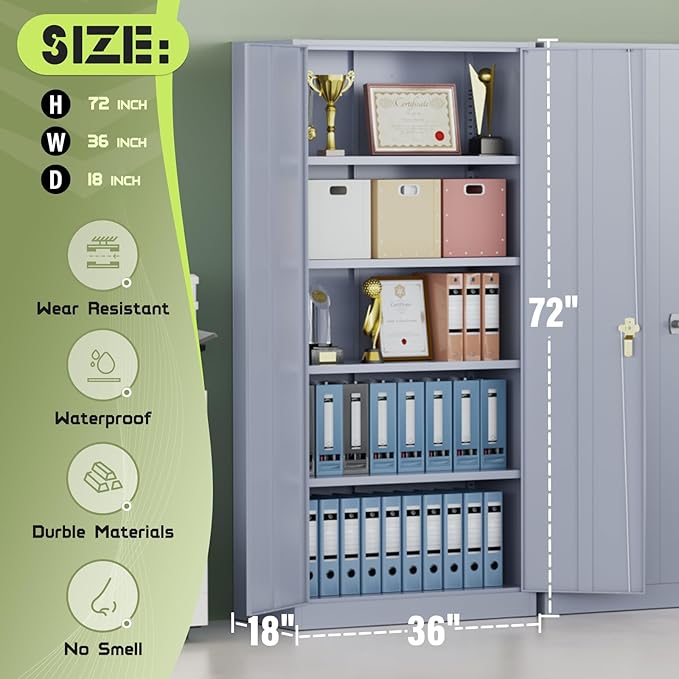 SUNCROWN 72" Metal Storage Cabinet - Heavy-Duty Metal Garage Cabinet with 4 Adjustable Shelves & 2 Doors for Tools, Office, Home, Workshop,Cement Grey