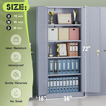 SUNCROWN 72" Metal Storage Cabinet - Heavy-Duty Metal Garage Cabinet with 4 Adjustable Shelves & 2 Doors for Tools, Office, Home, Workshop,Cement Grey