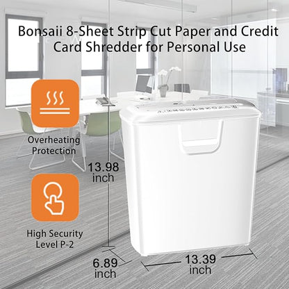 Bonsaii Quiet Strip-Cut Shredder, Up to 8 Sheets, Offering high Security, CDs, Credit Cards, Overheat Protection, Equipped with a 3.4-Gallon bin, Operates Quietly, Ideal for Home Office, White