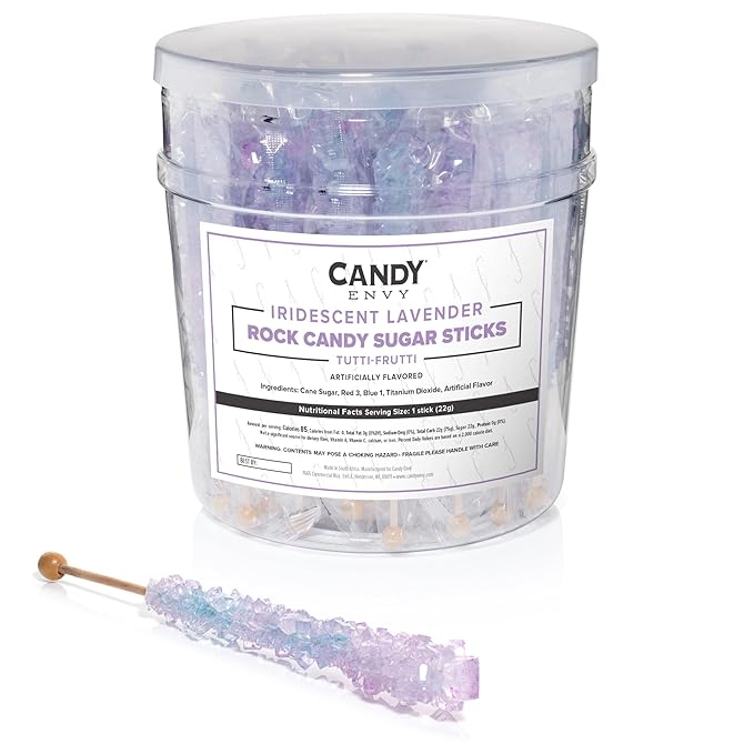 Candy Envy - Iridescent Lavender Rock Candy Sugar Sticks - Tutti Frutti Flavored - 36 Individually Wrapped Party Favors