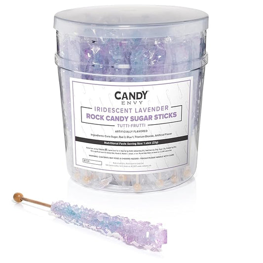 Candy Envy - Iridescent Lavender Rock Candy Sugar Sticks - Tutti Frutti Flavored - 36 Individually Wrapped Party Favors