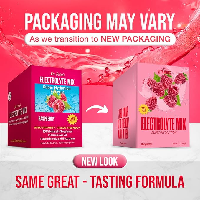 Dr. Price’s Electrolytes Powder Packets | Raspberry 30 Servings | Sugar Free Hydration Packets with 72+ Trace Minerals | Keto, Vegan, Electrolyte Drink Mix | Doctor-Formulated, Made in USA