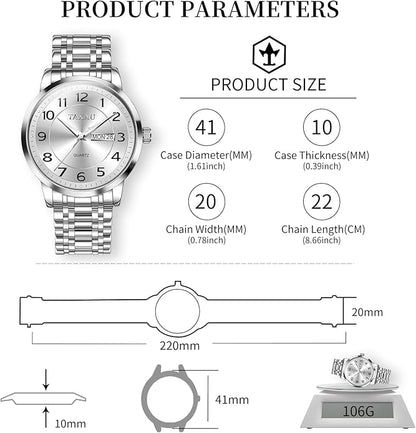 Stainless Steel Mens Watches with Day Date Quartz Analog Large Face Classic Watch Arabic Numerals Dress Luminous Rlojes para Hombres