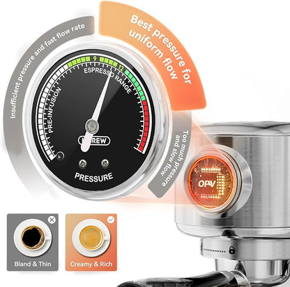 HIBREW H10B - 51mm Espresso Machine - Temperature & Cup Volume Adjustable at will - With Intelligent Display Screen & Pressure Gauge - Stainless Steel Body(Metallic Silver)