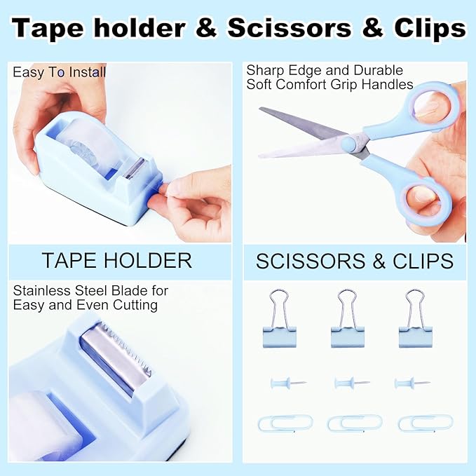 Desk Organizers and Accessories Set with 360-Degree Rotating Pen Holder, Tape Dispenser, Stapler, Staple Remover, 1000 Staples, Tape, Clips Set, Ruler, Scissor, Pen (Blue, 10 Pcs Set)
