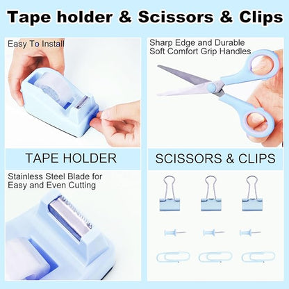 Desk Organizers and Accessories Set with 360-Degree Rotating Pen Holder, Tape Dispenser, Stapler, Staple Remover, 1000 Staples, Tape, Clips Set, Ruler, Scissor, Pen (Blue, 10 Pcs Set)