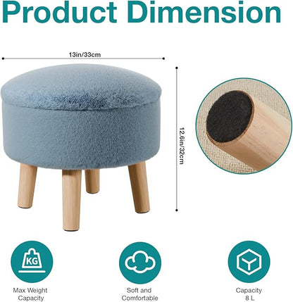 Poofzy Small Ottoman with Storage, Small Foot Stool Ottoman with Wood Legs, Faux Fur Foot Rest for Couch, Living Room and Bedroom - Smog Blue