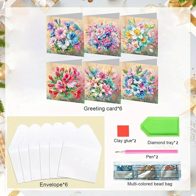 6pcs DIY Bouquet Diamond Art Painting Greeting Cards Kit, Rhinestone Art Holiday Birthday Card Set with Envelopes, DIY Festival Craft for Girlfriend, Christmas Valentine Gift Making Supplies
