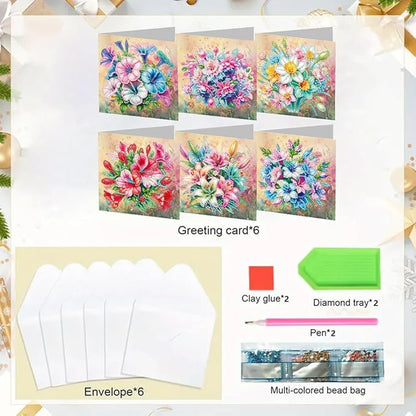 6pcs DIY Bouquet Diamond Art Painting Greeting Cards Kit, Rhinestone Art Holiday Birthday Card Set with Envelopes, DIY Festival Craft for Girlfriend, Christmas Valentine Gift Making Supplies