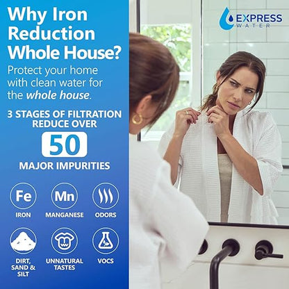 Whole House Water Filter System| IRON & MANGANESE | 3 Stage Water Purifier Whole Home, Top-Tier Iron & Mang. Filter Targets Stains/Color on Glass-Ware, Fixtures, Laundry, Signf. Reduces Lead & Arsenic