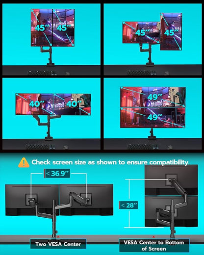 ARES WING Dual Monitor Mount for 17-49 Inch Ultrawide Heavy Duty Curved Screen Stacking, Computer Monitor Arm Desk Mount with USB, Gas Spring Adjustable Vesa Stand, Black