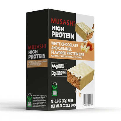 MUSASHI High Protein Bar, 44g Protein, 3g Total Sugars, White Chocolate Caramel, Post Workout and Protein Snack On The Go, 12 Pack of 3.2oz (90g) Bars