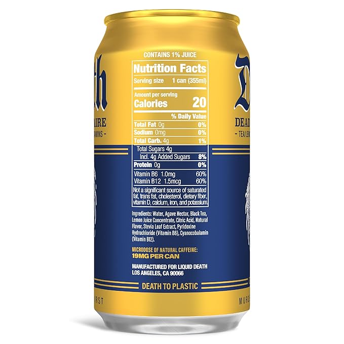 Liquid Death, Dead Billionaire Iced Tea, 12-Pack (12 oz Cans), Half Lemonade Half Black Tea, Low Calorie, No Artificial Sweeteners, B12 & B6 Vitamins