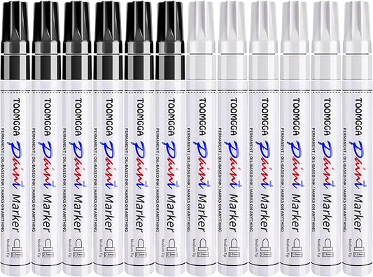 White and Black Permanent Markers Paint Pens - 12 Pack Oil Based Paint Markers, Medium Tip, Quick Drying Pens for Wood, Metal, Rock Painting, Mugs, Canvas, Clothes, Plastic Marking