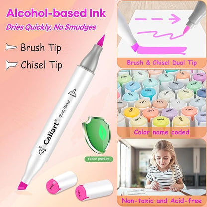 Caliart Alcohol Markers Brush Tip, 51 Colors Dual Tip Coloring Marker Pen Set Brush & Chisel, Art Supplies Kit Gift for Adults Coloring Book Artists Sketch Drawing Illustration