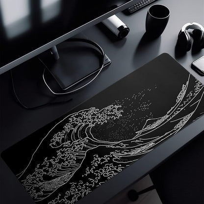 Japanese Gaming Mouse Pad Abstract Black Mouse Pad 31.5x11.8 Inch Black Sea Wave Texture Non-Slip Rubber Base Large Ocean Mousepad Stitched Edges Keyboard Mouse Mat Desk Pad for Office and Home