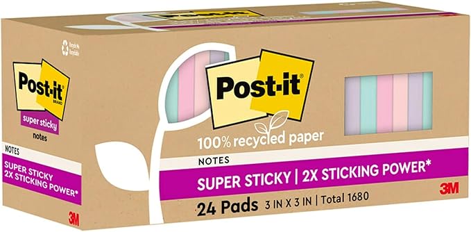 Post-it 100% Recycled Paper Super Sticky Notes, 2X The Sticking Power, 3x3 in, 24 Pads/Pack, 70 Sheets/Pad, Wanderlust Pastels Collection (654R-24SSNRPCP)
