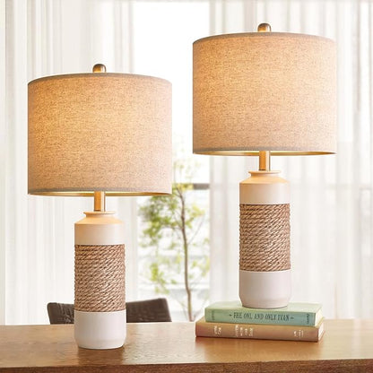 OYEARS 23.75" Bedside Table Lamps Set of 2 for Sleeping and Reading, Vintage Farmhouse Rattan Table Lamp Antique White Resin Lamp for Decoration, Office Living Room Bedside Table