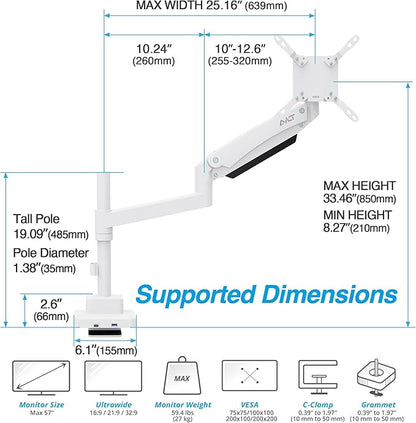 AVLT Single 57 Inch Heavy Duty Monitor Arm Pole Top Mount with USB-C USB-A Ports-White, Height Adjustable, Easy Install Top C-Clamp/Grommet with Reinforcement Plates, VESA Compatible 200/100/75