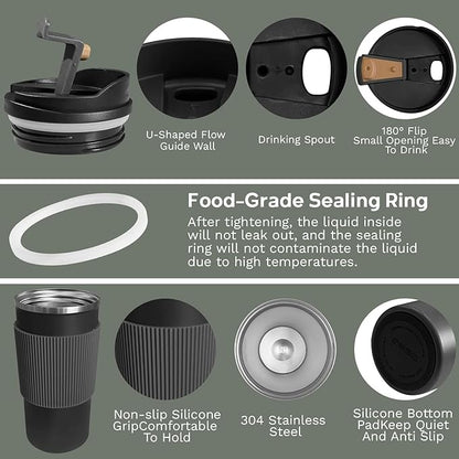 YINBAOGE Upgraded Insulated Travel Coffee Mug, Spill Proof & Leak Proof, Portable Camping Stainless Steel Tumbler, Reusable Thermal Coffee Cup with Lid for Hot & Cold Drinks (4th-Black, 15OZ)