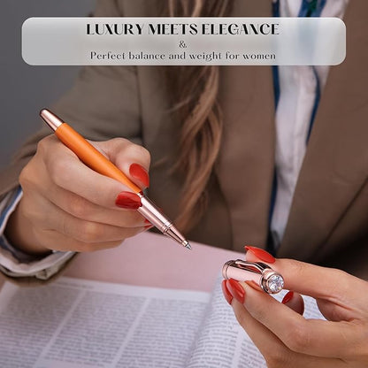 Luxury Rollerball Pen, Top Set With 8mm Brilliant Diamond,Bright Orange Lacquer,Rose Real Gold Finish, Schmidt Black Refill,Elegant Gift Pen For Women, Unique, Office,Nice Designer Pens