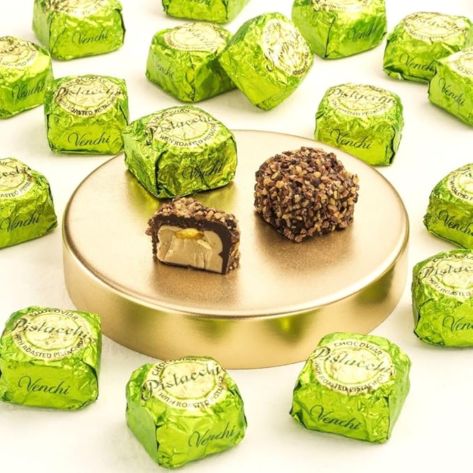 Venchi Chocoviar Pistachio Chocolate 15-Piece Elegant Gift Box - Creamy Pistachio & Hazelnut Paste, Dark Chocolate Shell Topped With Toffee Grains & Cocoa-bean Nibs - Preservative & Gluten Free