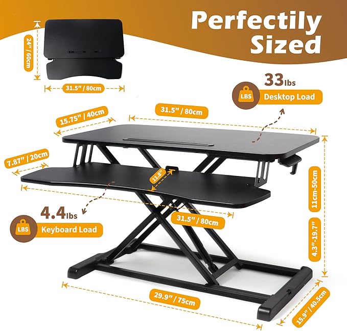 Standing Desk Converter, Height Adjustable Sit Stand Riser with Keyboard Tray for Home Office,Stand Up Desk Riser, 31.5"，28.6lbs Weight Capacity, Black