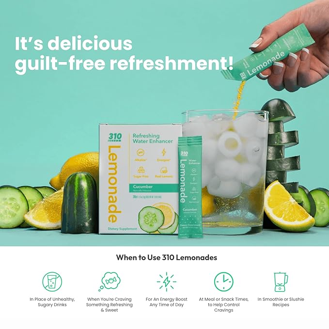 310 Nutrition Lemonade Sugar-Free Water Flavoring Packets - Powdered Drink Mixes & Flavorings with Alkalizing Minerals - Water Enhancer Packets for Energy & Instant Hydration - Cucumber 30 singles