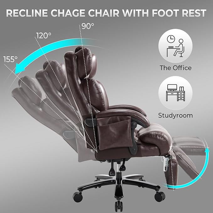 3-in-1 Massage Office Chair with Foot Rest 600LBS Big and Tall Office Chair with Massager and Heat for Heavy People, Reclining Executive Heavy Duty Office Chairs Brown