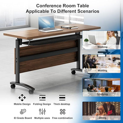 Mobile Conference Table,Modular Meeting Seminar Table,Portable Rolling Conference Training Table with Silent Wheels,Folding Flip Top Conference Room Tables for Office,Classroom,Meeting (8pcs, 70.8in)