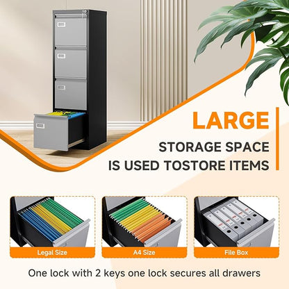 Metal Vertical File Storage Cabinet, 4 Drawer File Cabinet with Lock, 18" Deep Vertical Filing Cabinets for A4 Legal/Letter Size, Assembly Required (4 Drawer - Gray Black)