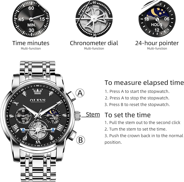 OLEVS Men Silver Watches,Men's Stainless Steel Chronograph Watch,Man Analog Quartz Big Face Male Watches Luxury Waterproof Roman Numeral Dress Diamond Relojes para Hombre