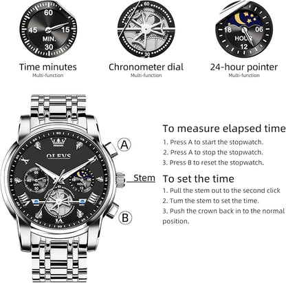 OLEVS Men Silver Watches,Men's Stainless Steel Chronograph Watch,Man Analog Quartz Big Face Male Watches Luxury Waterproof Roman Numeral Dress Diamond Relojes para Hombre