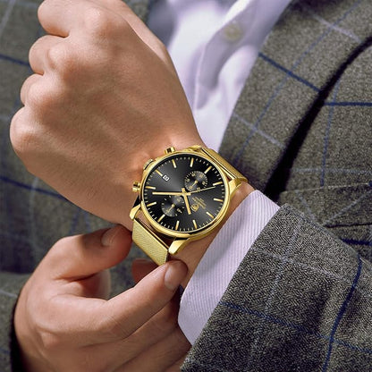 GOLDEN HOUR Mens Watch Fashion Sleek Minimalist Quartz Analog Mesh Stainless Steel Waterproof Chronograph Watches for Men with Auto Date