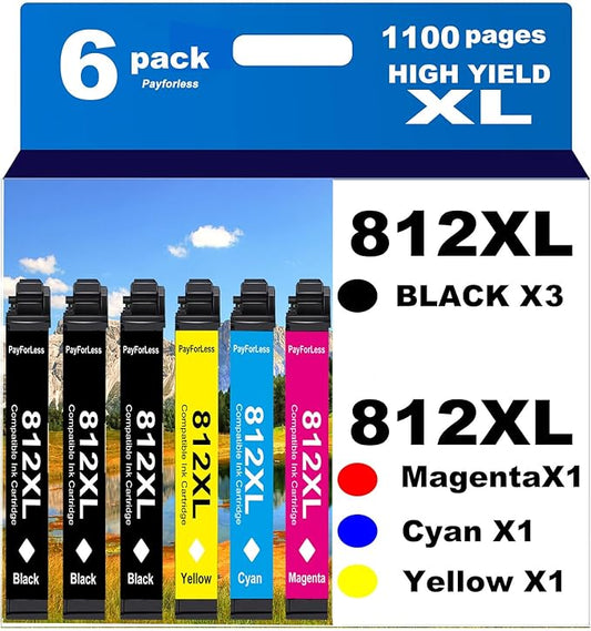 PayForLess 812XL Remanufactured for Epson 812XL Ink cartridges Combo Pack 812 XL T812 for Workforce Pro WF-7840 WF-7820 WF-7310 EC-C7000 Printer 6 Pack 3 Black 1 Cyan 1 Magenta 1 Yellow
