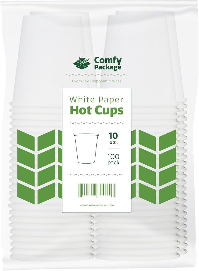 GUSTO White Paper Cups [10 oz - 100 Count] Disposable Coffee Cup for Hot Drinks – Sturdy & Eco-Friendly – Paper Cups for Tea, Cocoa & More – (Formerly Comfy Package)