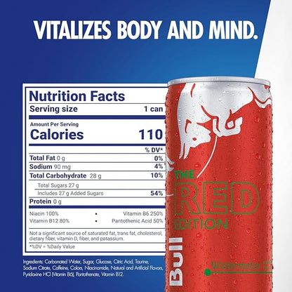 Red Bull Red Edition Energy Drink, Watermelon, with 114mg Caffeine plus Taurine & B Vitamins, 12 Fl Oz, 6 Packs of 4 Cans (Pack of 24)