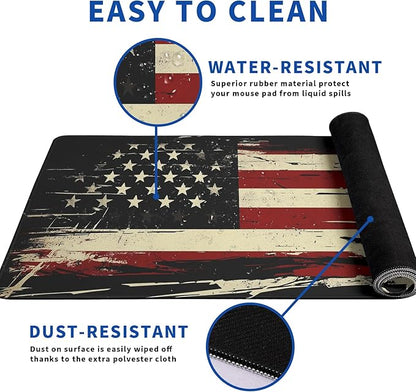American Antique Flag Mouse Pad Abstract AmericanMouse Pad 31.5x11.8 Inch Flag Texture Non-Slip Rubber Base Large Mousepad Stitched Edges Keyboard Mouse Mat Desk Pad for Office and Home